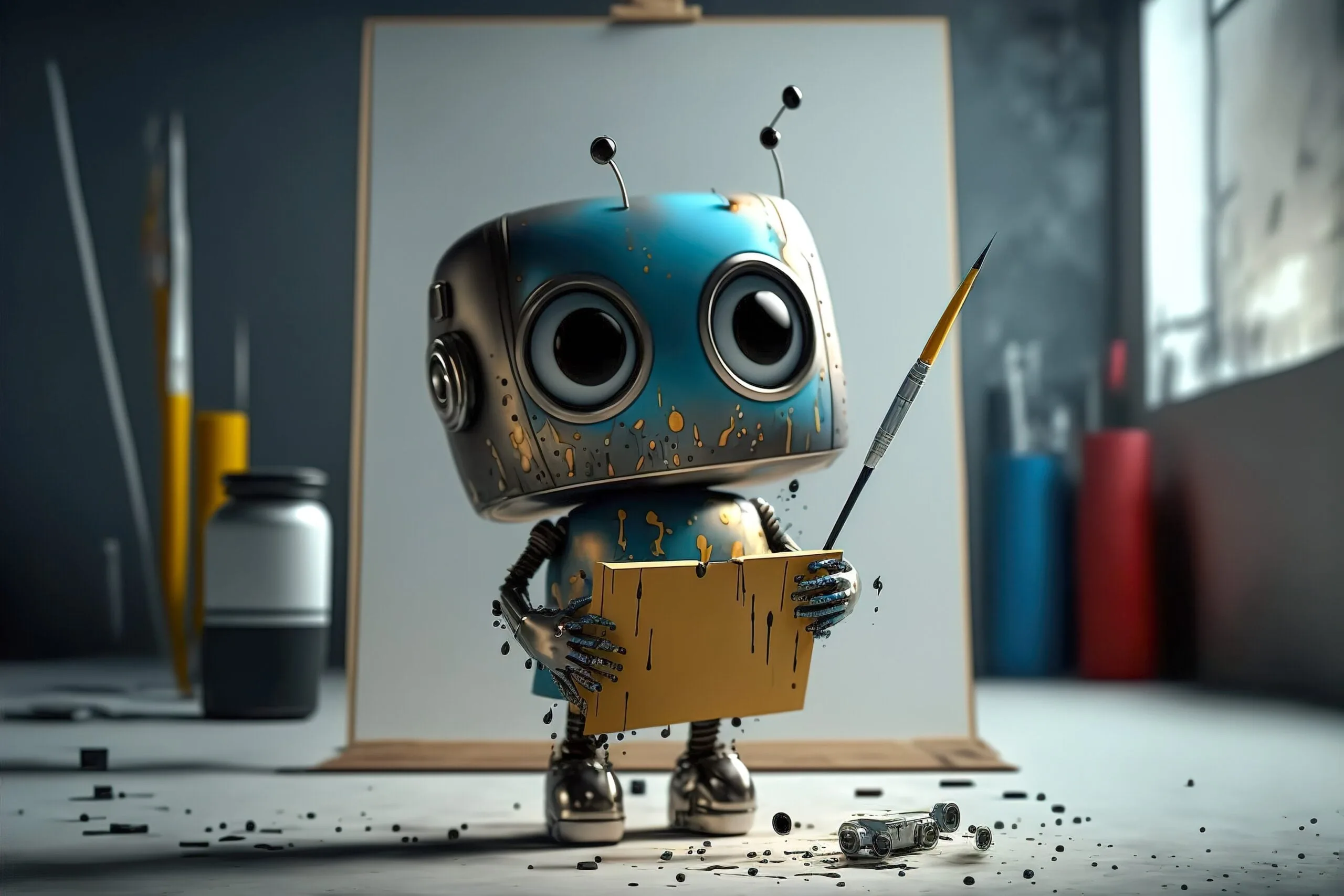 3D render of a cute robot character holding a paintbrush and standing next to a canvas
