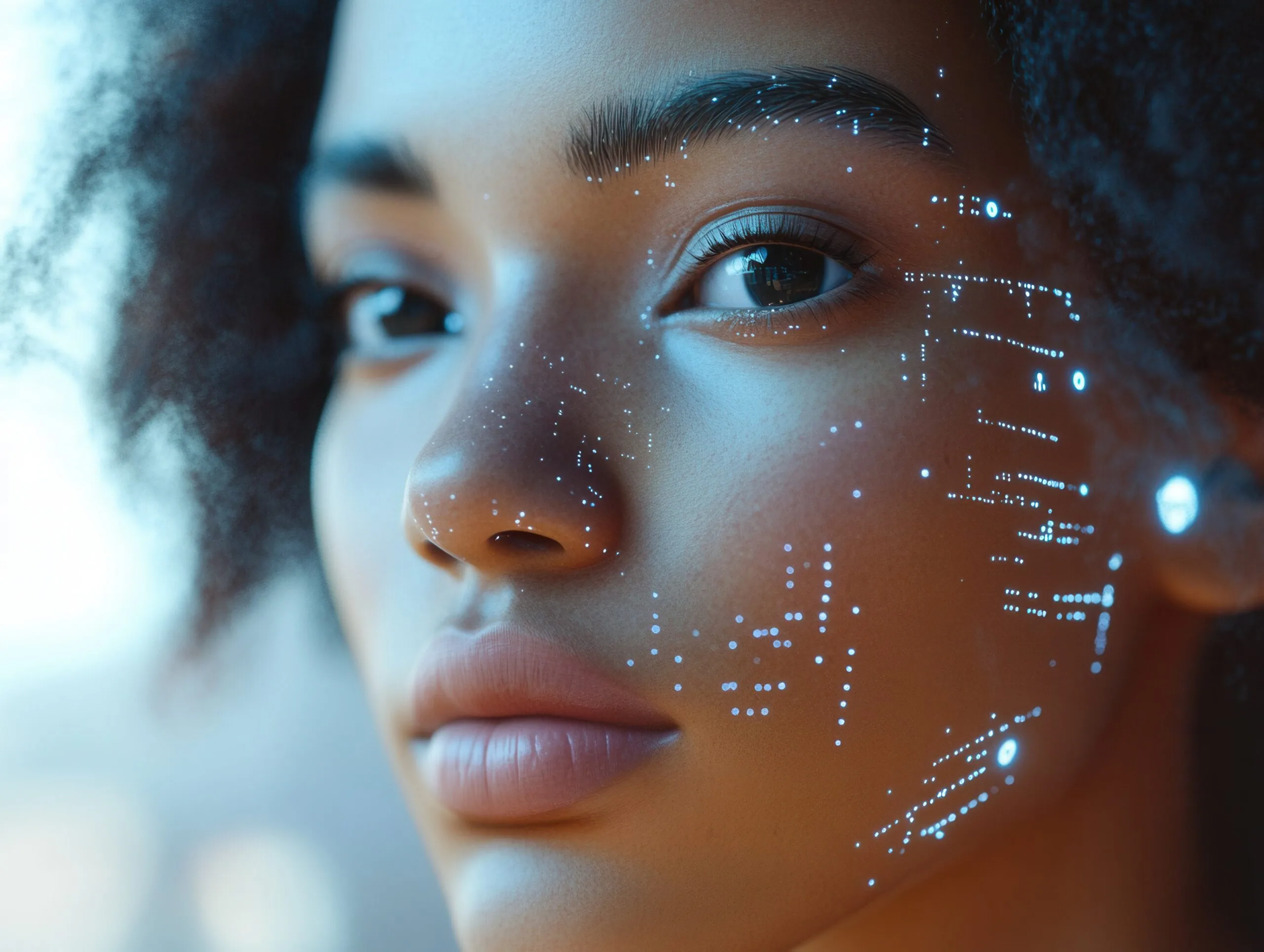 Artistic close-up of a face with glowing digital data points, symbolizing AI facial recognition