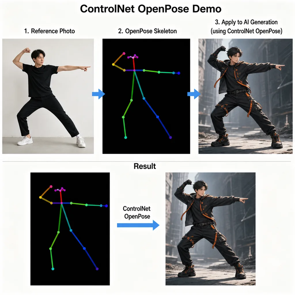 ControlNet OpenPose extracting a pose skeleton from a reference photo and applying it to a new generation