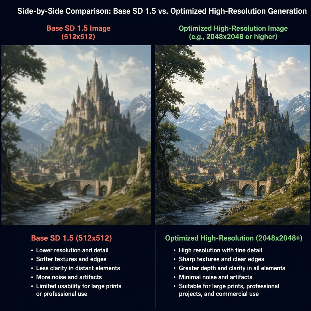 Side-by-side comparison of a base SD 1.5 image at 512×512 and an optimized high-resolution generation