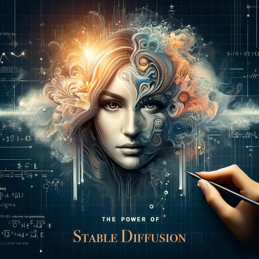 Digital art graphic of a face dissolving into particles beside the words The Power of Stable Diffusion