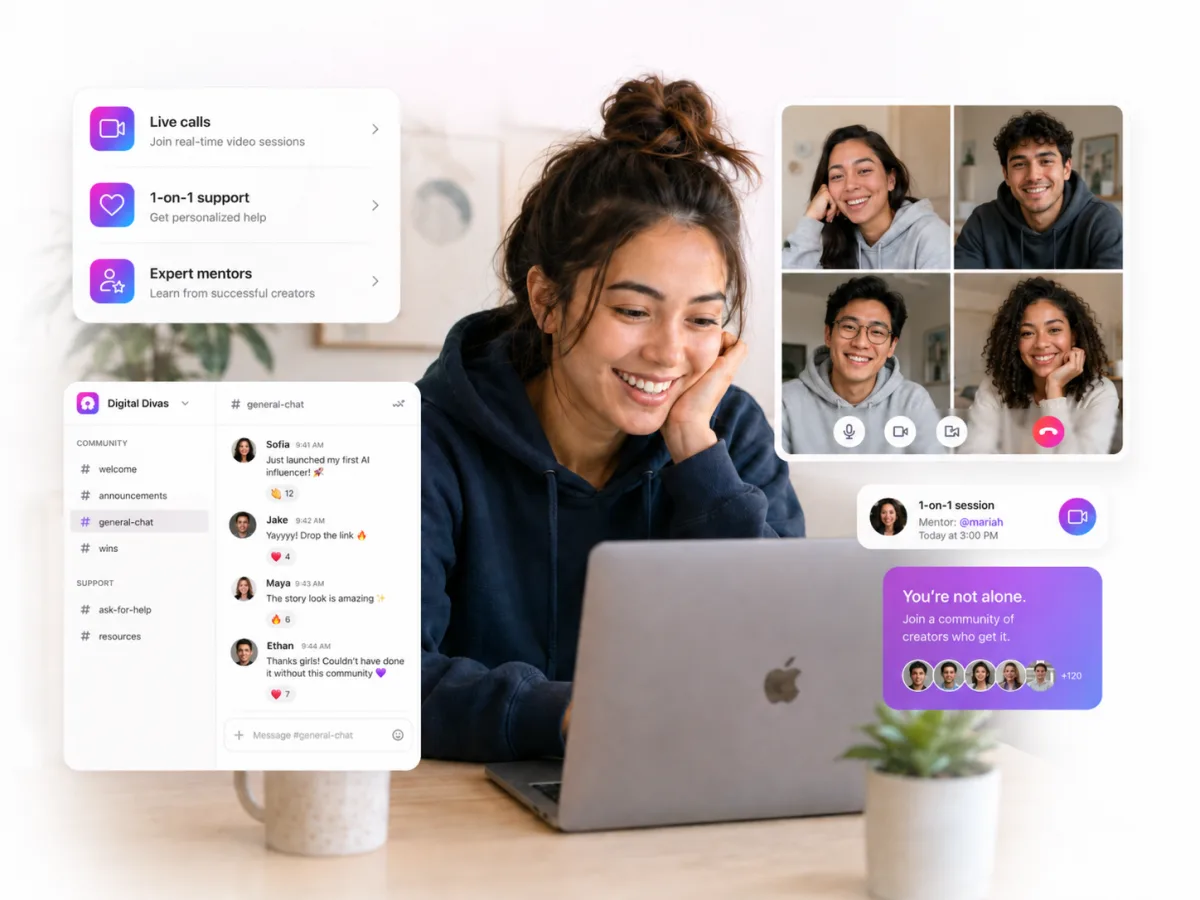The Digital Divas community — group chat, live video calls, and 1-on-1 mentor sessions