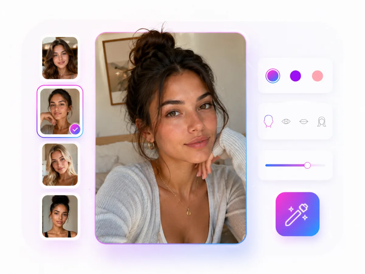 Pick from ready-made influencers or fine-tune a custom face, hair, and features